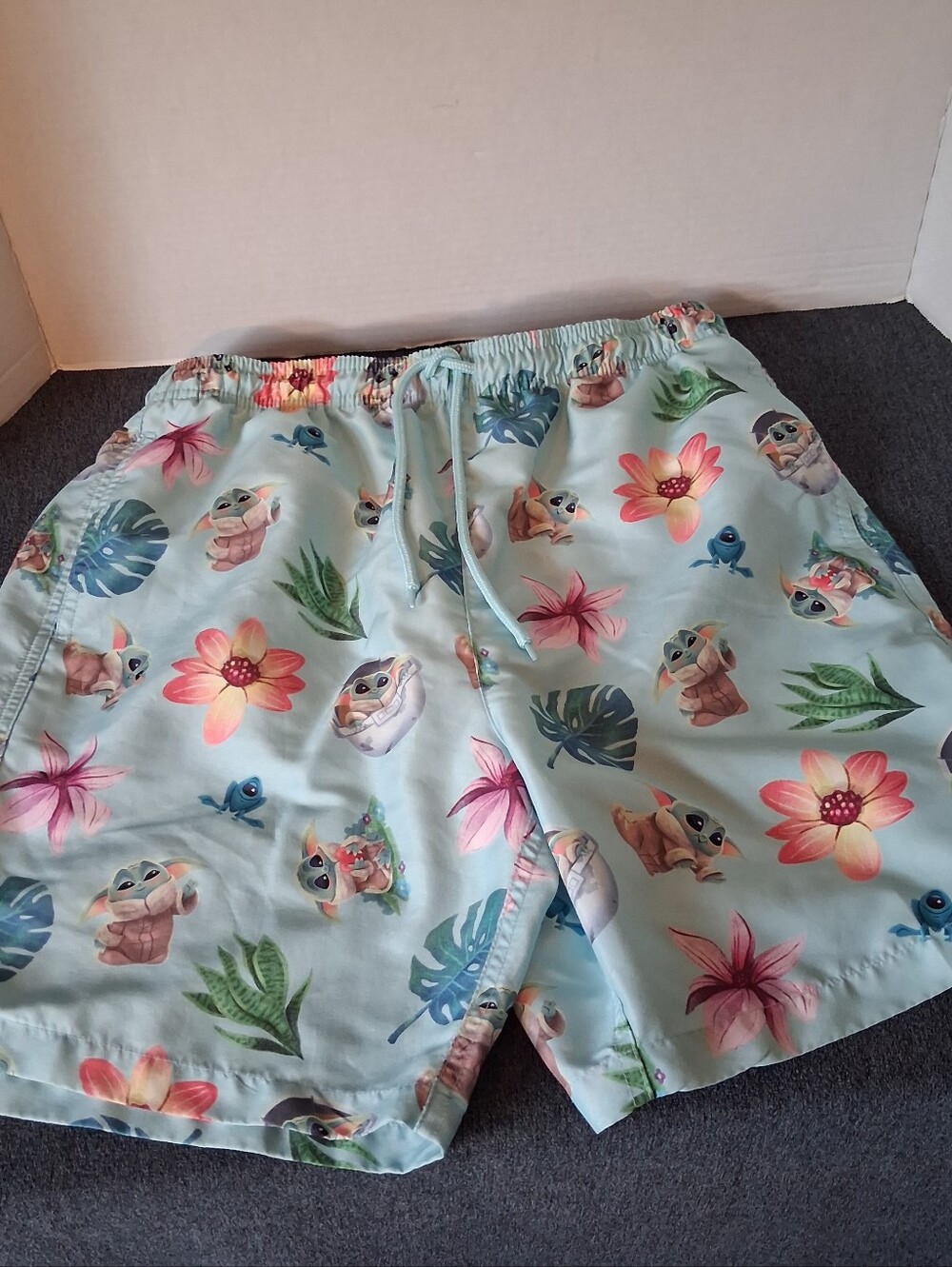 Star Wars Light Blue Floral & Baby Yoda Print Swim Trunks Size M